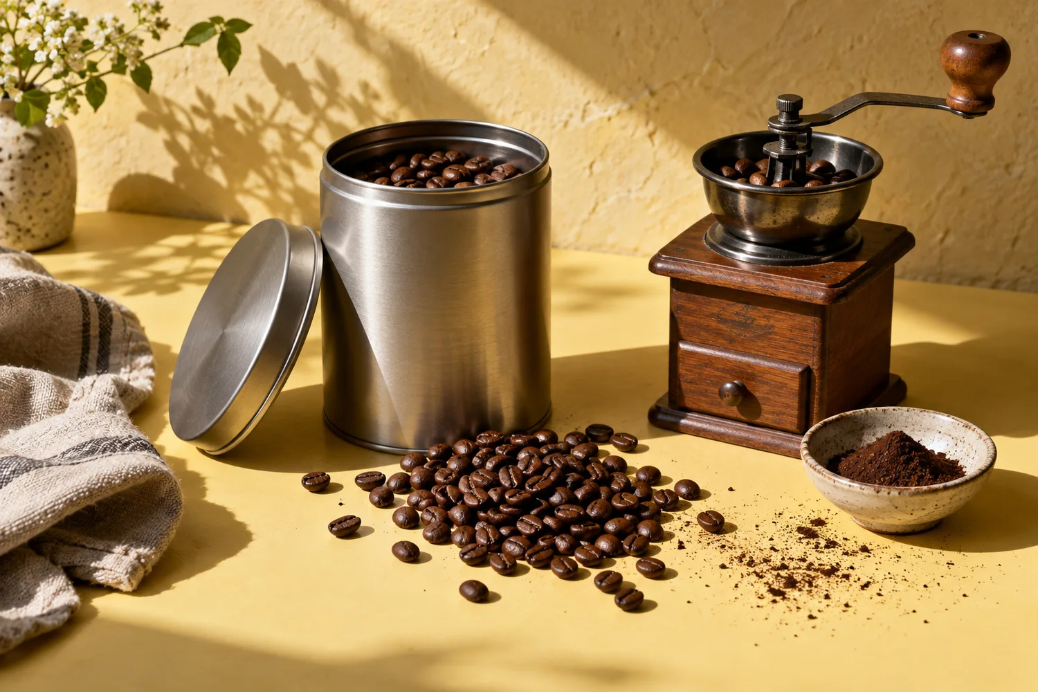 Koffiebonen en een handmolen