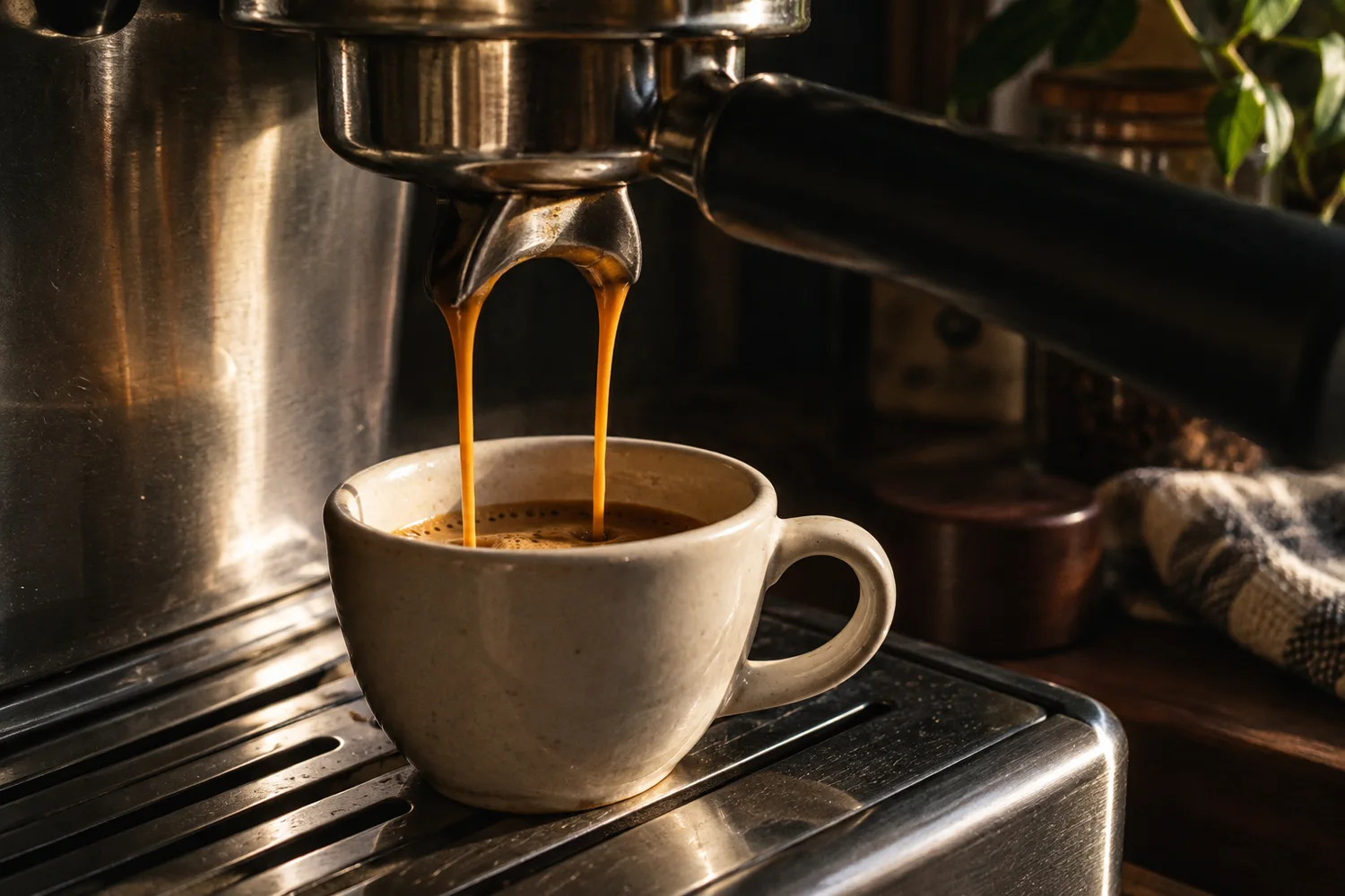 Espresso loopt uit een portafilter in een kop