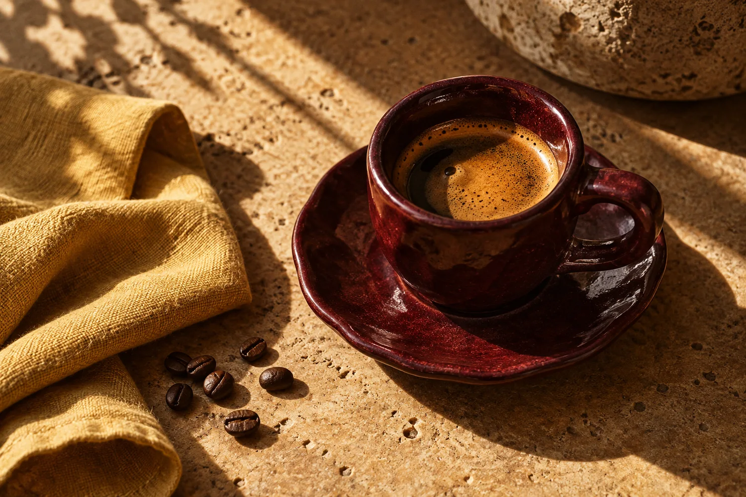 Espresso in een donkerrode keramieken kop