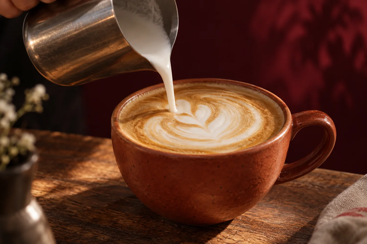 Melk schenken in een kop koffie