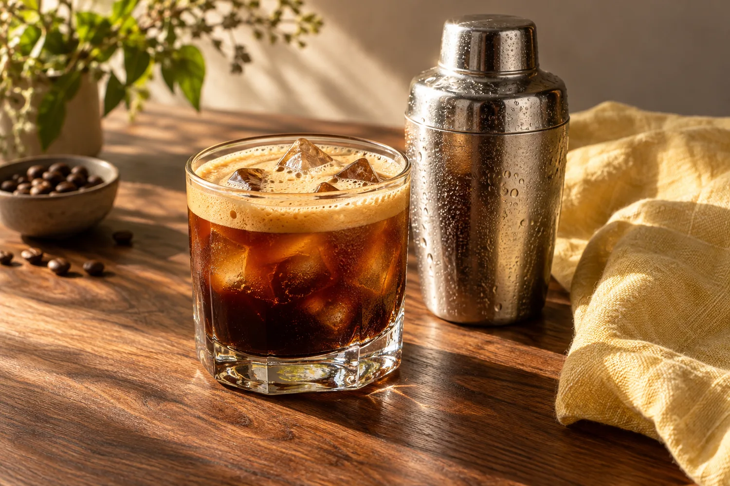 Shaken espresso naast een cocktailshaker