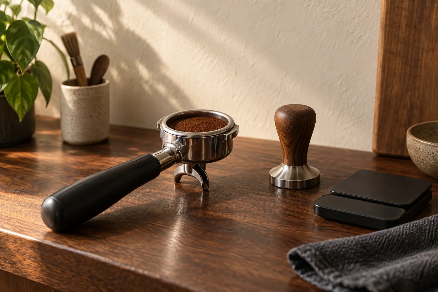 Portafilter, tamper en koffieweegschaal