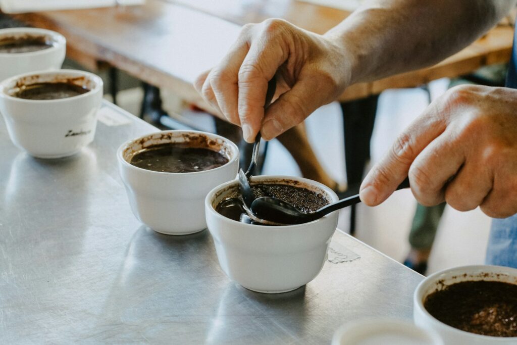 Kopjes zwarte koffie op een rij voor een proeverij in een laboratorium