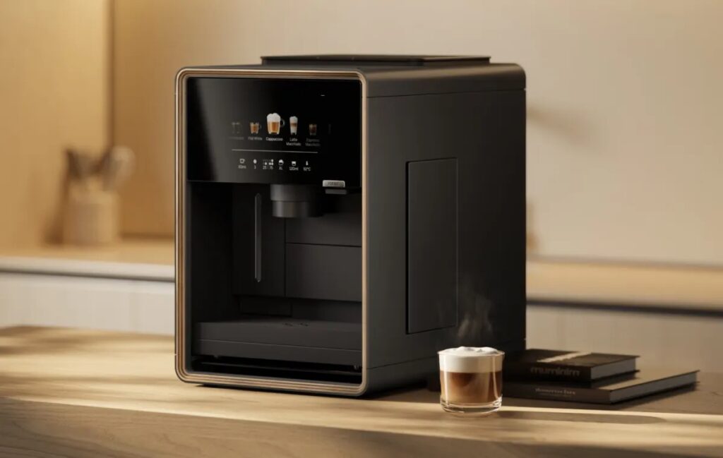 Zwarte volautomaat aura.matic van Loewe met houten frame op een aanrecht naast een cappuccino